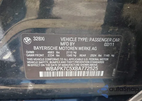 2011 BMW 328I xDrive из США, поврежденный, VIN WBAPK7C5XBA772525